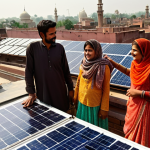 **Image Prompt:** A colorful rooftop scene in Lahore, Pakistan. Solar panels glisten in the sunlight, reflecting the vibrant cityscape below. Show a family looking proudly at their new solar panels, representing energy independence.