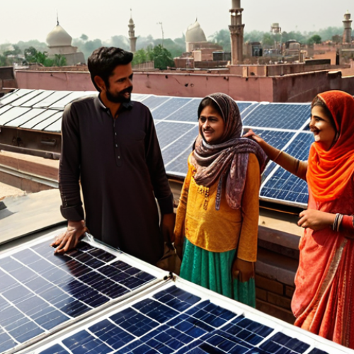 Home 4 **Image Prompt:** A colorful rooftop scene in Lahore, Pakistan. Solar panels glisten in the sunlight, reflecting the vibrant cityscape below. Show a family looking proudly at their new solar panels, representing energy independence.