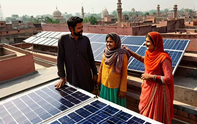**Image Prompt:** A colorful rooftop scene in Lahore, Pakistan. Solar panels glisten in the sunlight, reflecting the vibrant cityscape below. Show a family looking proudly at their new solar panels, representing energy independence.