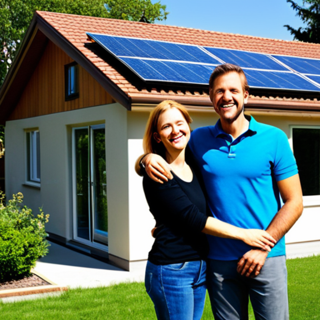 **

A family-friendly scene depicting a modest home with solar panels on the roof, suburban setting, sunny day. A fully clothed man and woman stand in the yard, smiling. The image should convey a sense of satisfaction and environmental consciousness. Safe for work, appropriate content, fully clothed, professional photograph, perfect anatomy, correct proportions, natural pose.

**