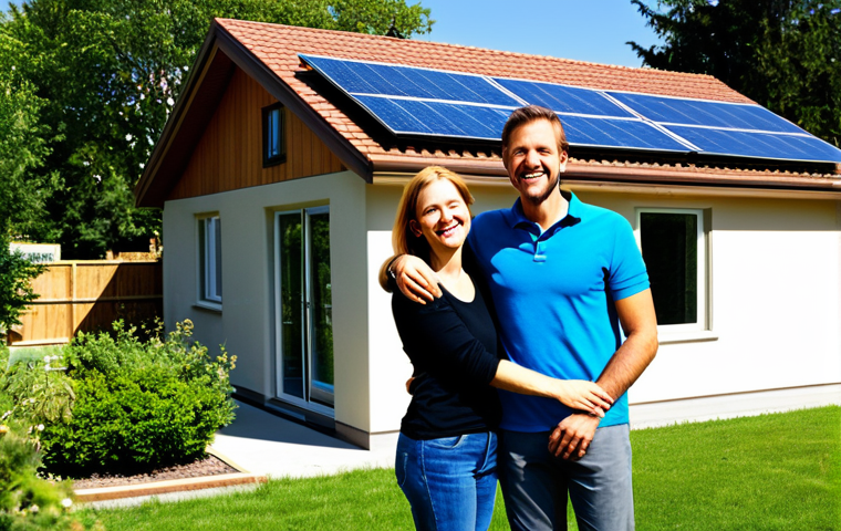 **

A family-friendly scene depicting a modest home with solar panels on the roof, suburban setting, sunny day. A fully clothed man and woman stand in the yard, smiling. The image should convey a sense of satisfaction and environmental consciousness. Safe for work, appropriate content, fully clothed, professional photograph, perfect anatomy, correct proportions, natural pose.

**
