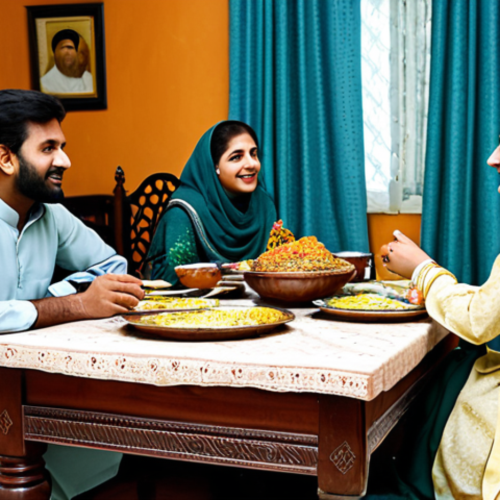 **Subject:** A Pakistani family gathered around a table, fully clothed in traditional shalwar kameez, enjoying a meal together.
    *   **Setting:** A cozy home interior with traditional Pakistani decor.
    *   **Style:** Warm, inviting, professional photography.
    *   **Modifiers:** "Perfect anatomy", "correct proportions", "natural pose", "safe for work", "appropriate content", "modest", "family-friendly".