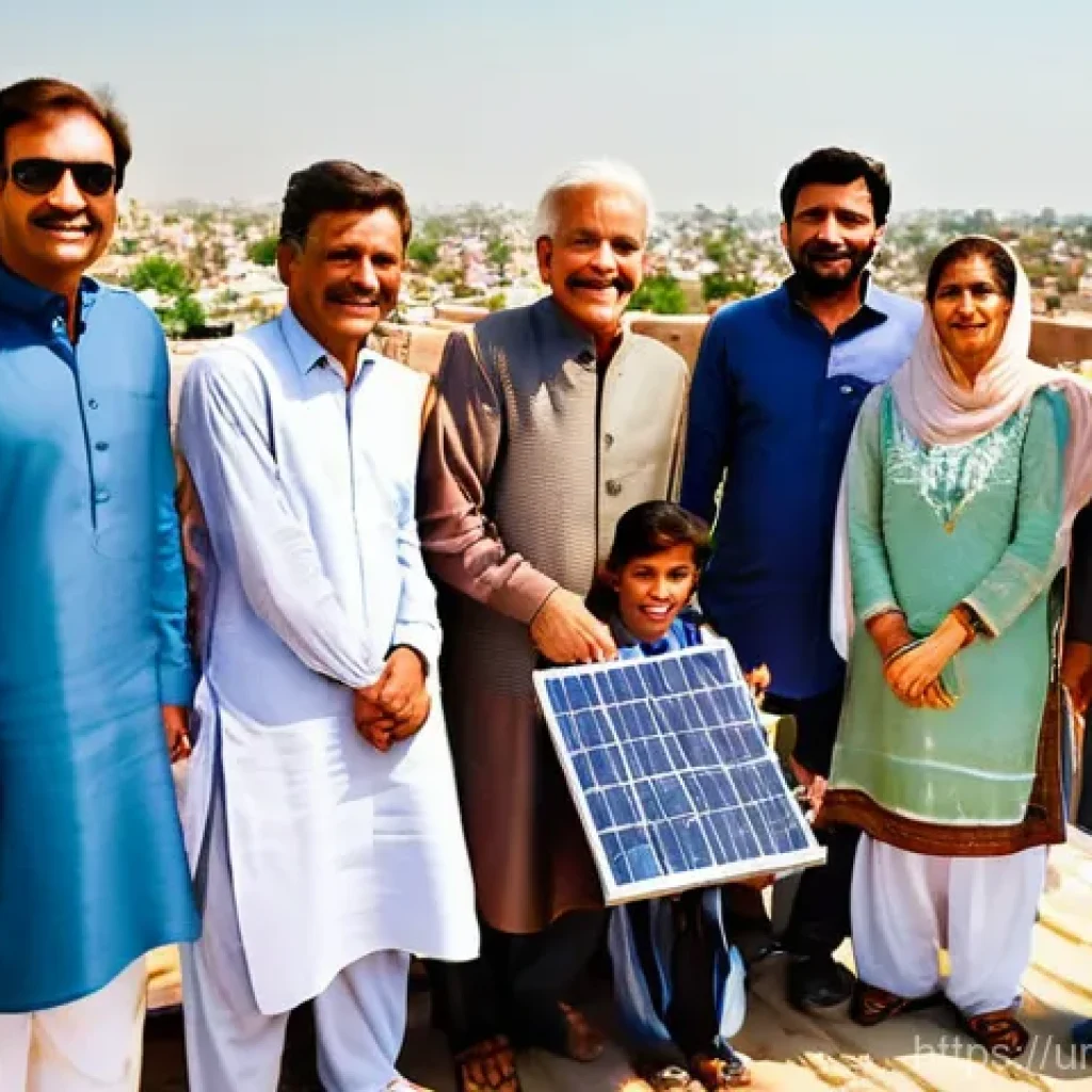 태양광 발전 설치를 위한 금융 지원 프로그램 - **Prompt:** A heartwarming scene on a sun-drenched rooftop in a bustling Pakistani city like Karachi...