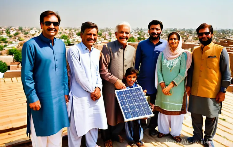 태양광 발전 설치를 위한 금융 지원 프로그램 - **Prompt:** A heartwarming scene on a sun-drenched rooftop in a bustling Pakistani city like Karachi...