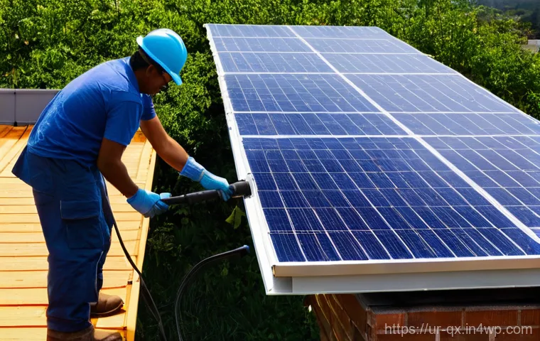 태양광 발전 설치 후 유지보수 방법 - Image Prompt 1: Meticulous Solar Panel Cleaning at Dawn**