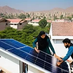 태양광 발전 설치와 관련된 인프라 개선 - **Prompt:** A vibrant, sunny scene in a typical Pakistani residential area. A family, including pare...