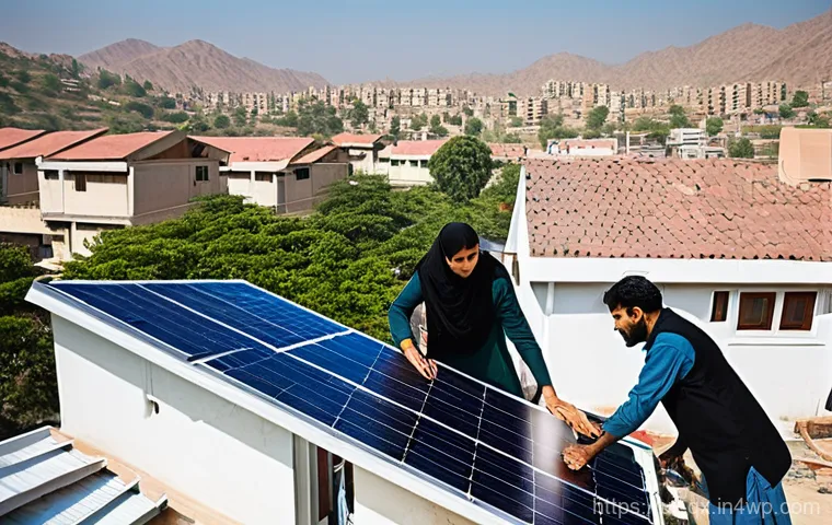 태양광 발전 설치와 관련된 인프라 개선 - **Prompt:** A vibrant, sunny scene in a typical Pakistani residential area. A family, including pare...