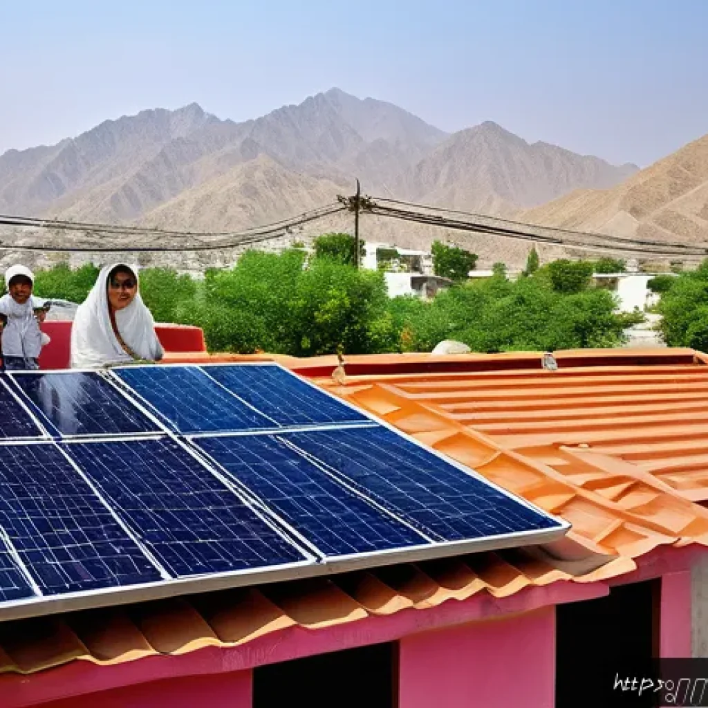 태양광 패널 설치의 환경적 이점 - A detailed rooftop scene in a sunny Pakistani neighborhood featuring a modern home with installed mo...