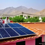 태양광 패널 설치의 환경적 이점 - A detailed rooftop scene in a sunny Pakistani neighborhood featuring a modern home with installed mo...