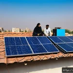 태양광 발전 설치를 위한 최신 트렌드 - A modern rooftop solar installation in a typical Pakistani urban home, featuring sleek monocrystalli...