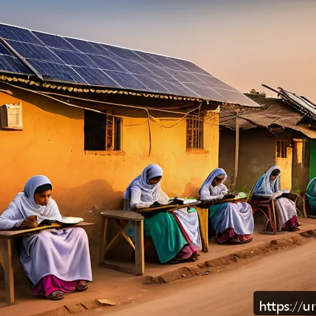 태양광 발전 설치의 사회적 이점 분석 - A vibrant rural Pakistani village scene during sunset, showing multiple modest homes with solar pane...