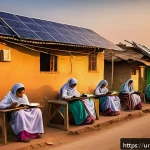 태양광 발전 설치의 사회적 이점 분석 - A vibrant rural Pakistani village scene during sunset, showing multiple modest homes with solar pane...