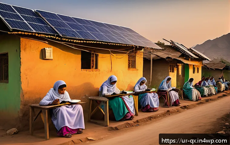 태양광 발전 설치의 사회적 이점 분석 - A vibrant rural Pakistani village scene during sunset, showing multiple modest homes with solar pane...