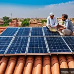 태양광 발전 설치 후 고객 만족도 조사 - A modern Pakistani residential rooftop scene during bright daylight, featuring multiple high-efficie...