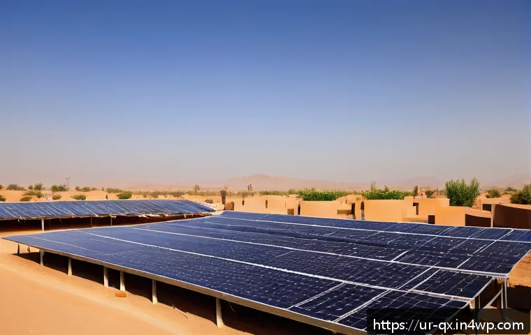 태양광 발전 설치 시 발생할 수 있는 유지보수 문제 - A detailed image of a solar panel cleaning scene in a dry, dusty environment typical of arid regions...