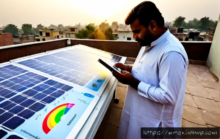 Home 17 태양광 발전 설치 후 성능 모니터링 방법 - Photorealistic rooftop solar performance monitoring in a modern Pakistani home, a middle-aged homeow...