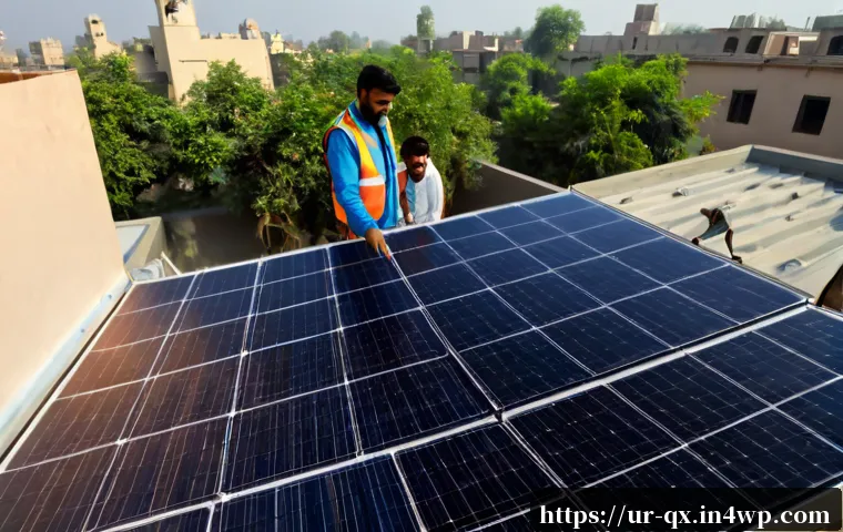 Home 17 태양광 발전 설치와 정책적 지원의 관계 - Photorealistic rooftop solar installation on a modest modern home in Lahore, Pakistan, a skilled loc...