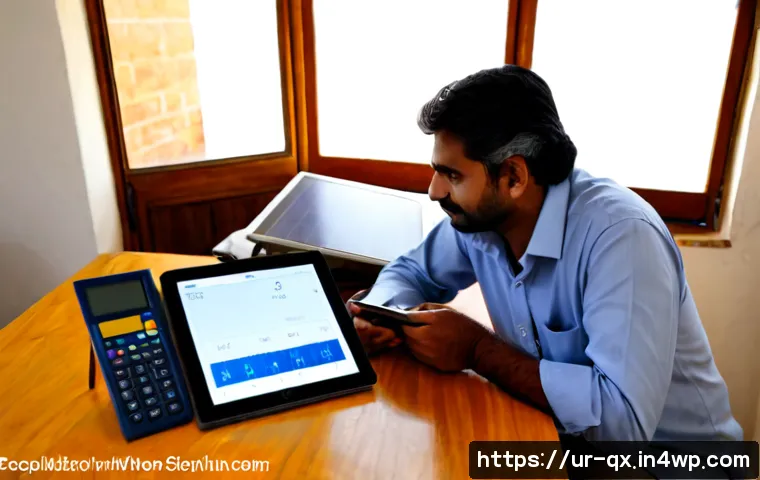 Home 17 태양광 발전 설치 시 유용한 계산기 도구 - Photorealistic Pakistani solar energy consultant reviewing a rooftop solar installation estimate wit...